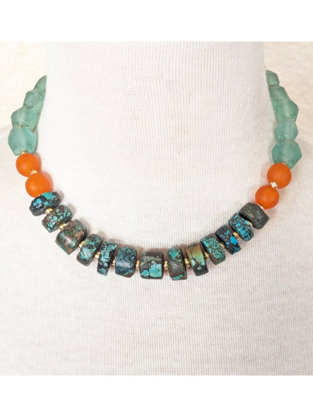 Seafoam Green & Orange Turquoise & Recycled African Glass Statement Necklace